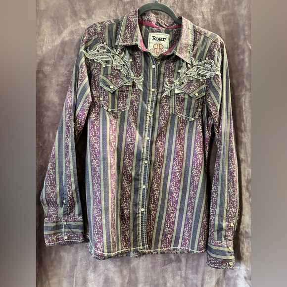 Roar Tops - Destined To Roar Multicolor Embroidered Rhinestone Shirt